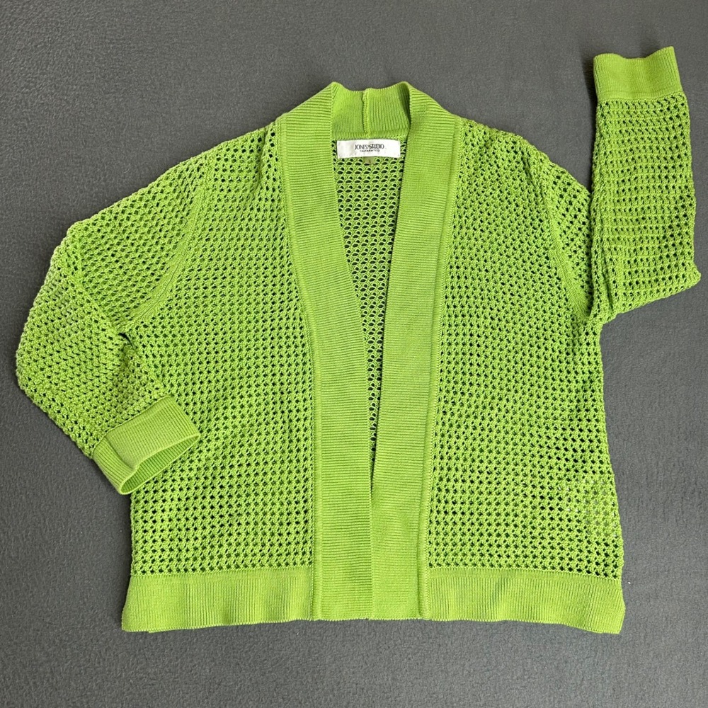 Jones Studio Cardigan Womens Small Green Open Front Mesh Knit Light Sweater